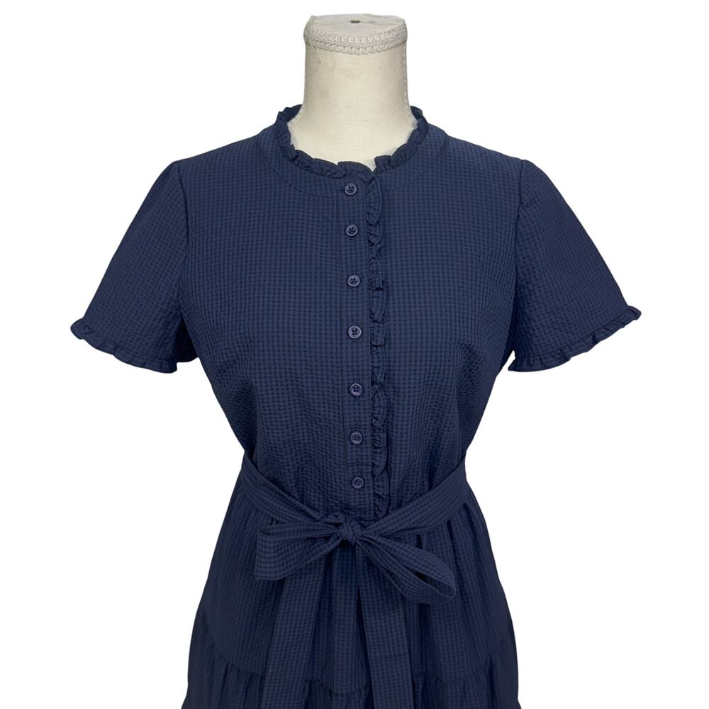 Gal Meets Glam Maisie Navy Blue Seersucker Ruffle Tiered Dress Sz 4 Cottagecore - Picture 6 of 16